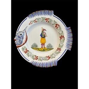 HB HENRIOT QUIMPER SIGNED Faience Pottery FISH Shaped PLATTER Plate 10” Vintage